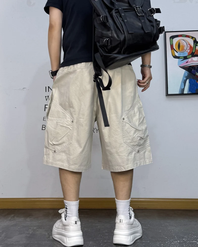 Street-Style Washed Distressed Cargo Shorts