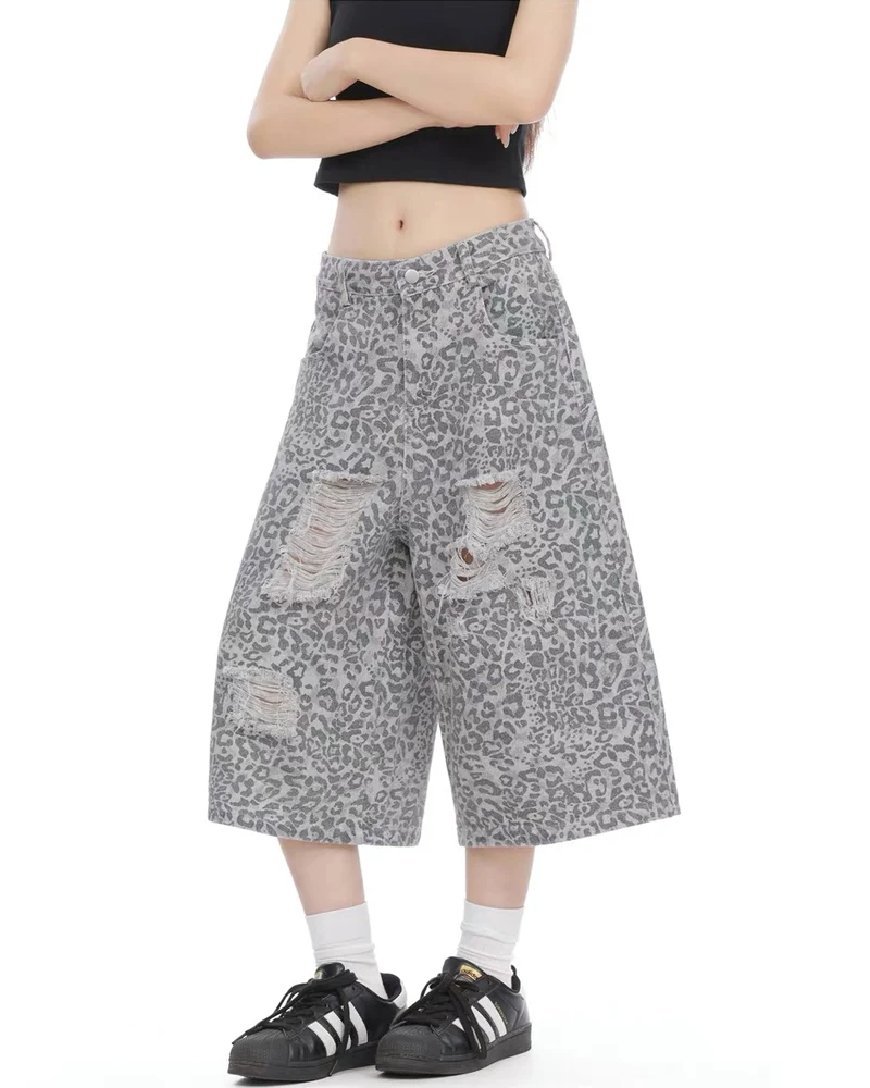 Unisex Vintage Distressed Leopard Baggy Jorts