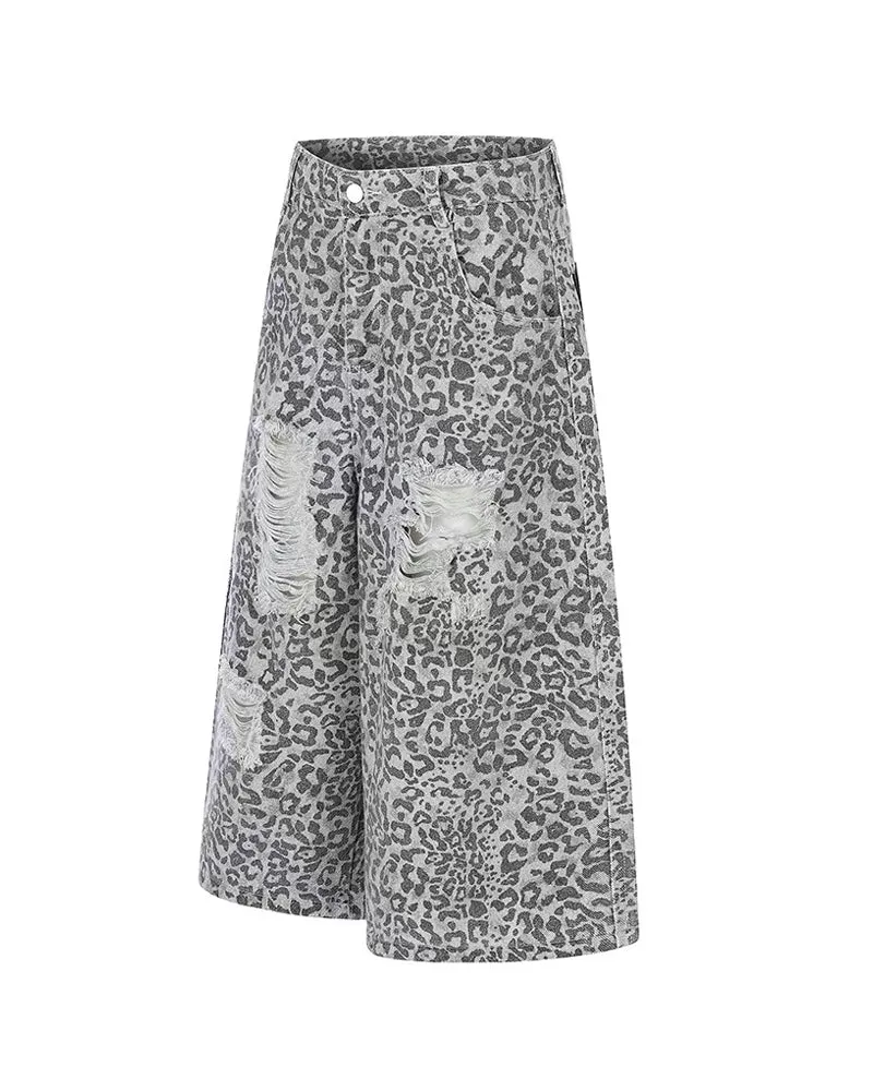 Unisex Vintage Distressed Leopard Baggy Jorts