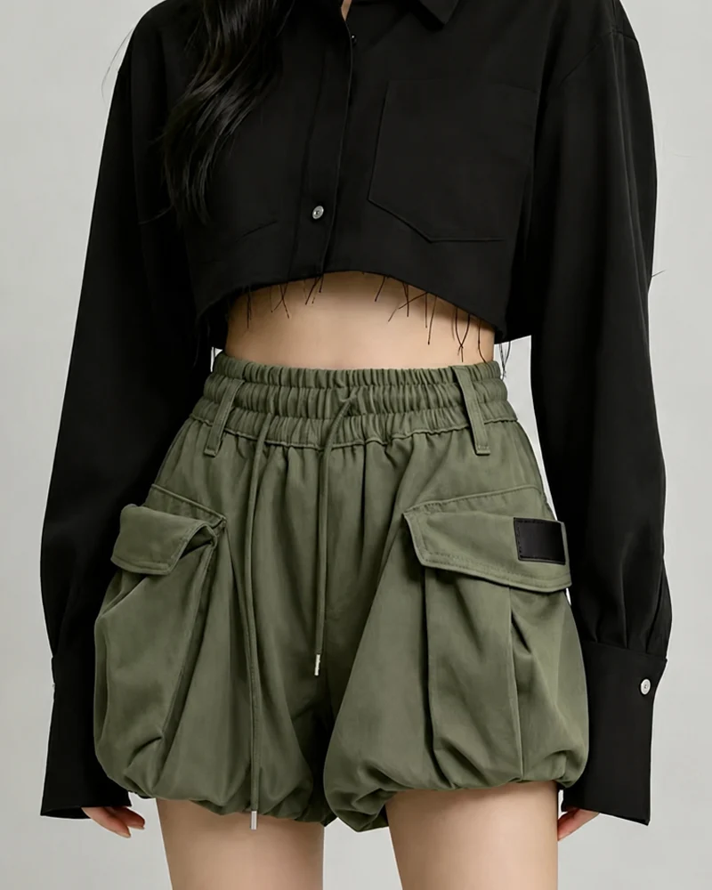 Summer Paperbag Waist Bubble Cargo Shorts
