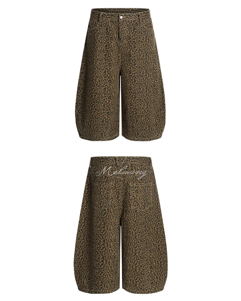 Unisex Vintage Baggy Embroidered leopard jorts