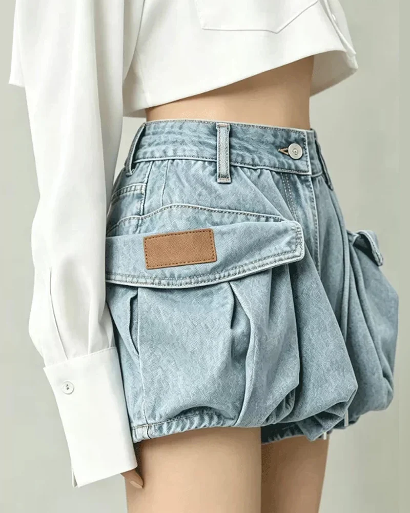 Women's Slimming Pocket Denim Bubble Cargo Shorts