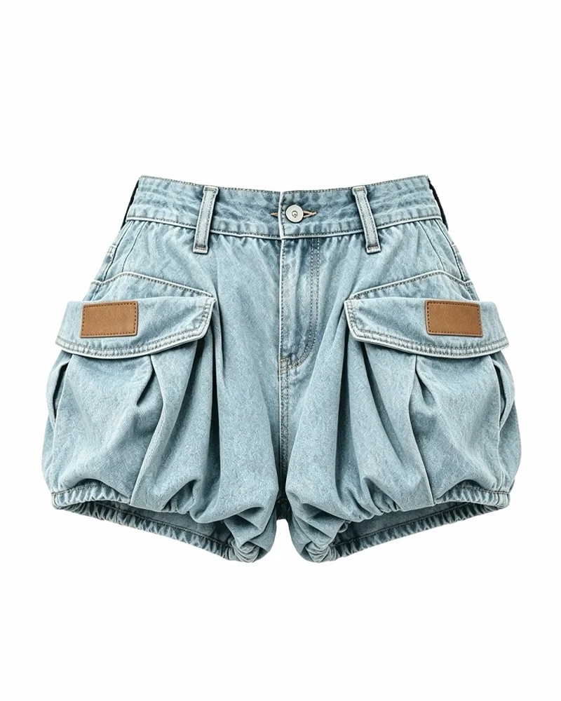 Women's Slimming Pocket Denim Bubble Cargo Shorts