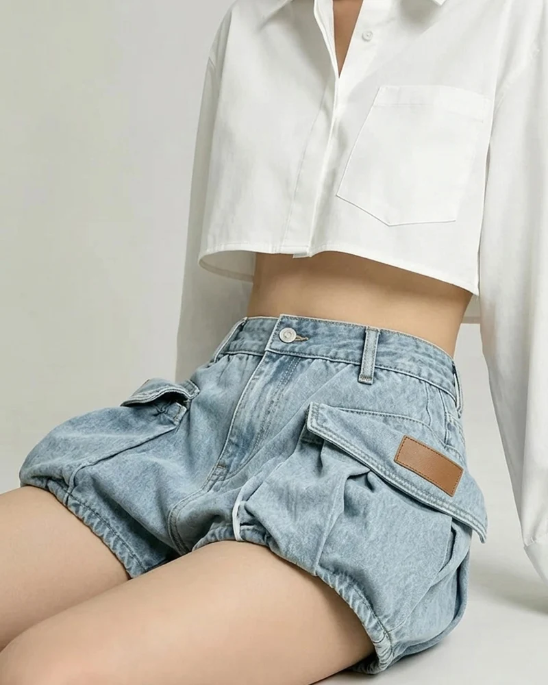 Women's Slimming Pocket Denim Bubble Cargo Shorts