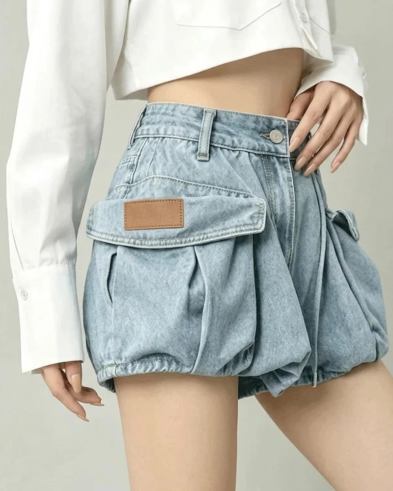 Women's Slimming Pocket Denim Bubble Cargo Shorts