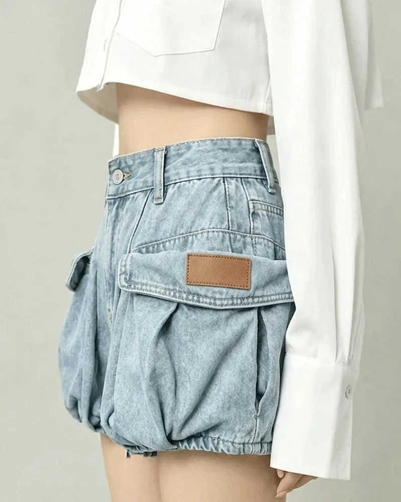 Women's Slimming Pocket Denim Bubble Cargo Shorts