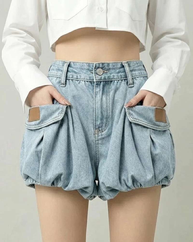 Women's Slimming Pocket Denim Bubble Cargo Shorts