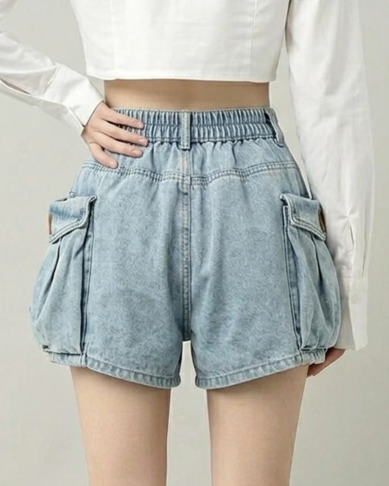Women's Slimming Pocket Denim Bubble Cargo Shorts