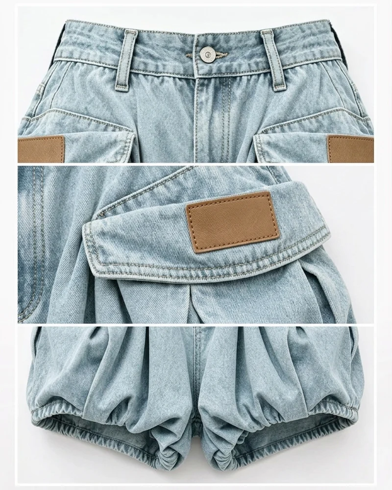 Women's Slimming Pocket Denim Bubble Cargo Shorts
