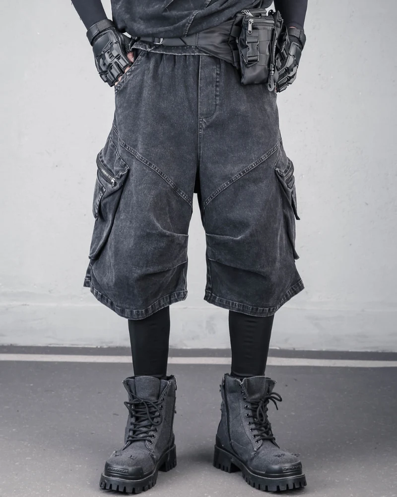 Summer Wasteland Style Washed Cargo Denim Shorts