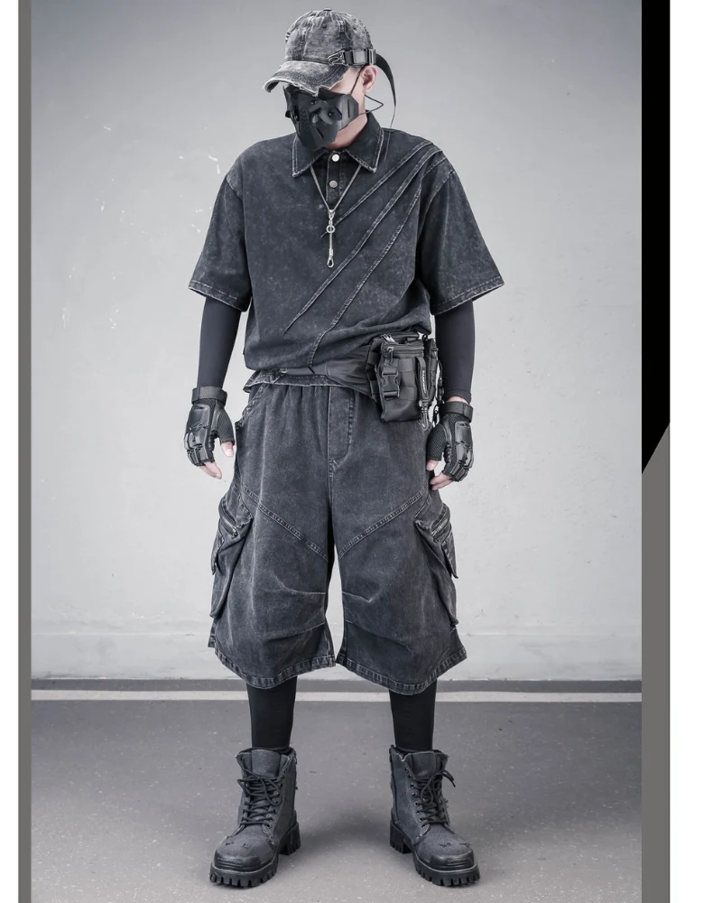 Summer Wasteland Style Washed Cargo Denim Shorts