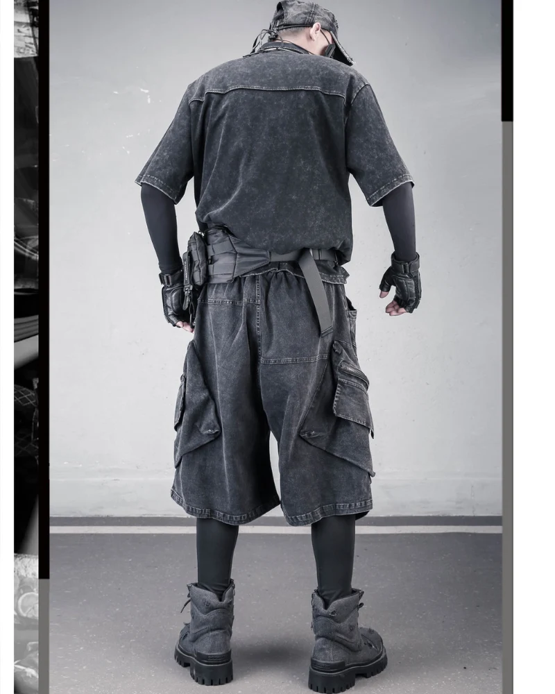 Summer Wasteland Style Washed Cargo Denim Shorts