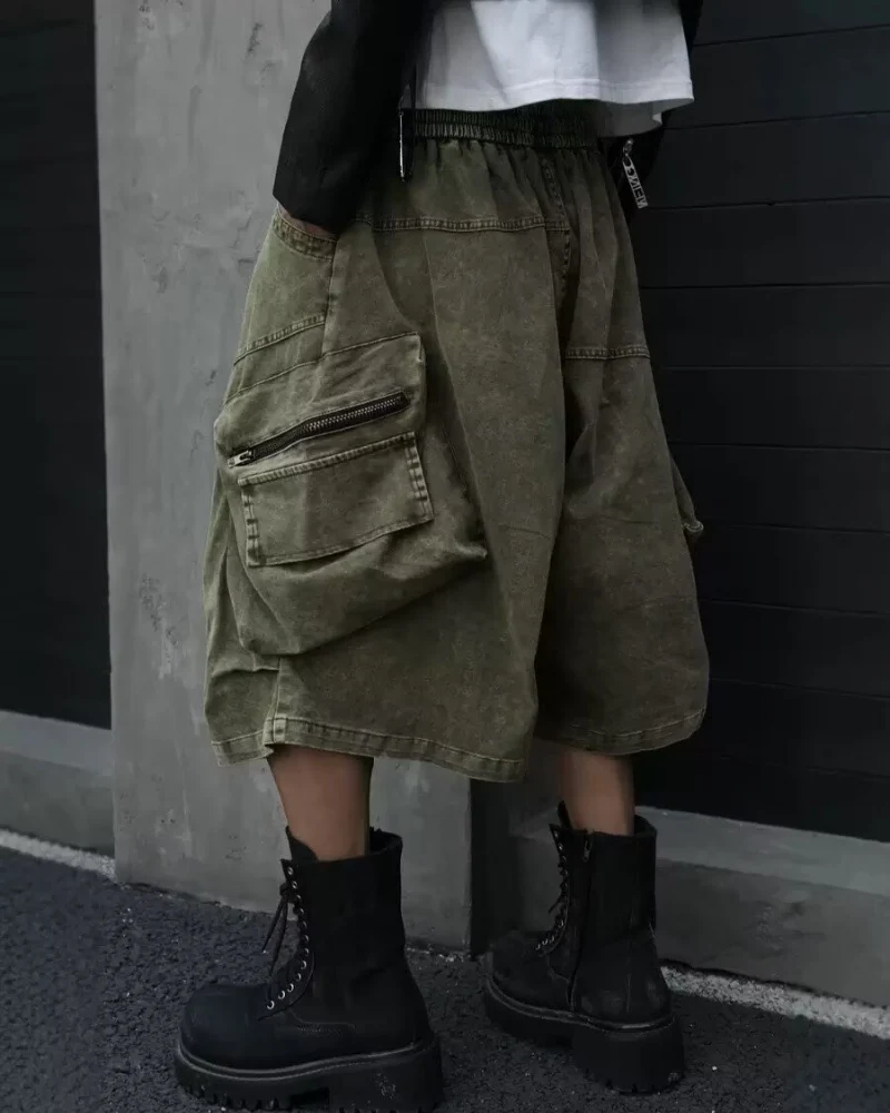 Summer Wasteland Style Washed Cargo Denim Shorts