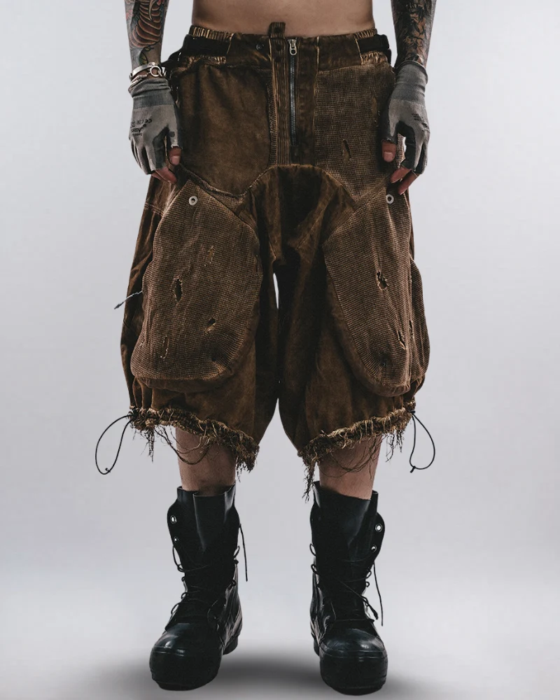 Post-Apocalyptic Distressed Mesh Drop Crotch Shorts