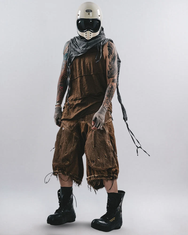 Post-Apocalyptic Distressed Mesh Drop Crotch Shorts