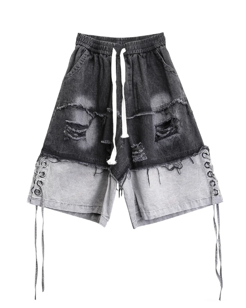 High-Street Wasteland Ripped Hem Washed Denim Shorts