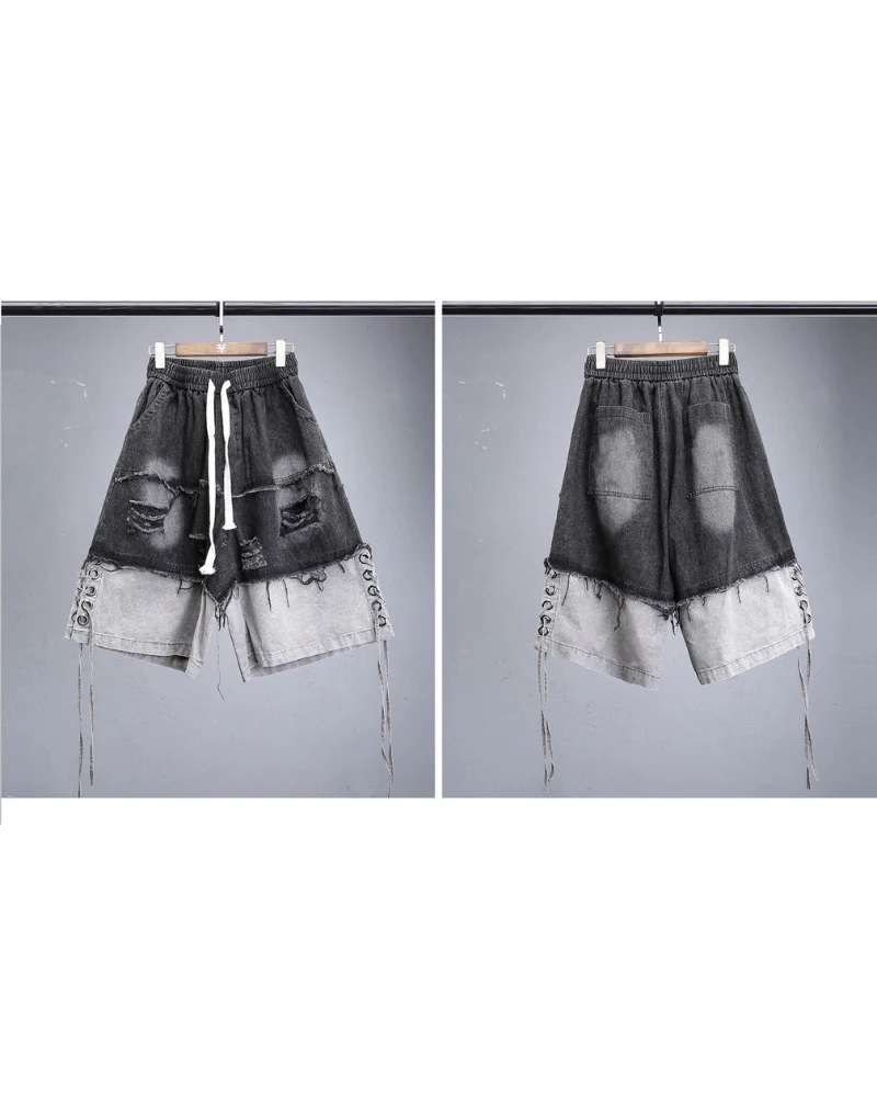 High-Street Wasteland Ripped Hem Washed Denim Shorts