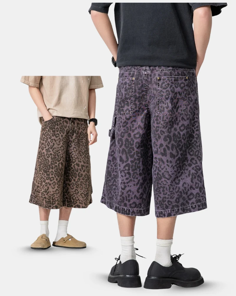 Street Leopard Unisex Denim-Look Shorts | Baggy Jorts
