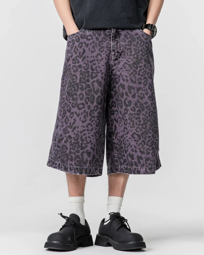Street Leopard Unisex Denim-Look Shorts | Baggy Jorts