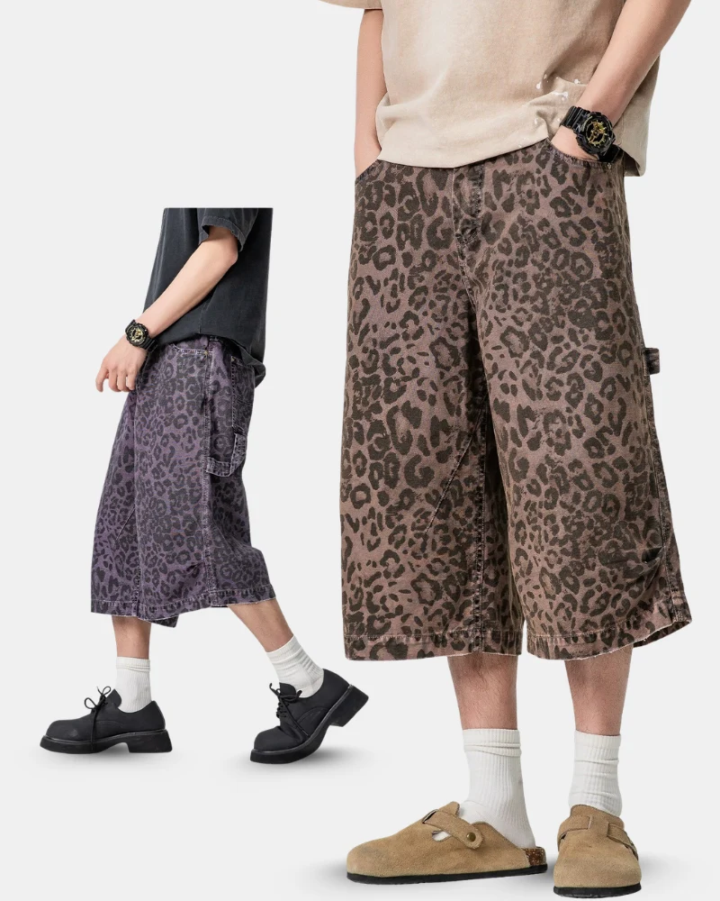 Street Leopard Unisex Denim-Look Shorts | Baggy Jorts
