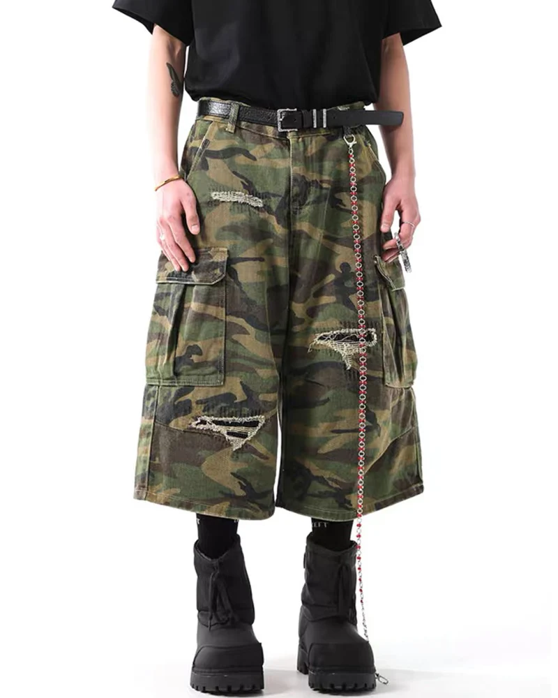 Vintage Distressed Unisex Camo Utility Shorts