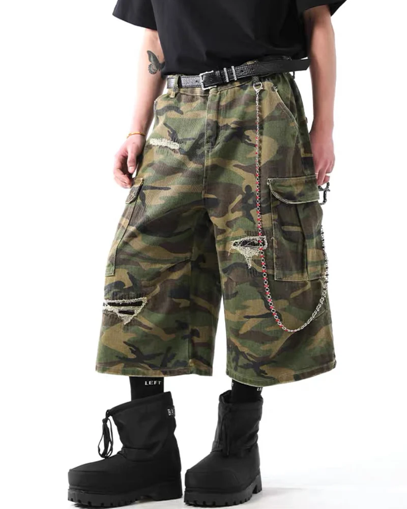 Vintage Distressed Unisex Camo Utility Shorts