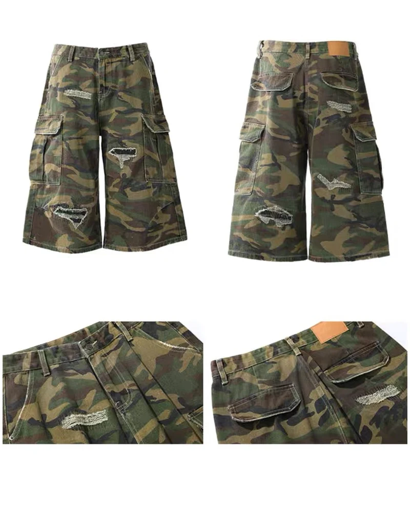 Vintage Distressed Unisex Camo Utility Shorts