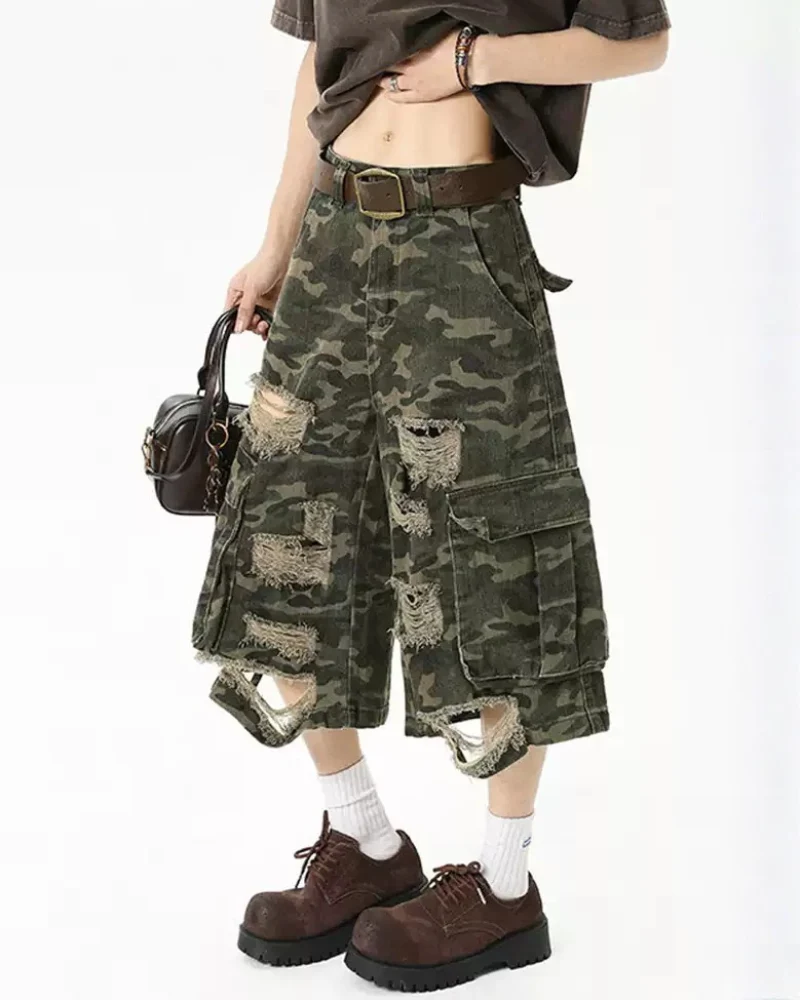 High Street Men's Denim Look Distressed Camo Cargo Shorts