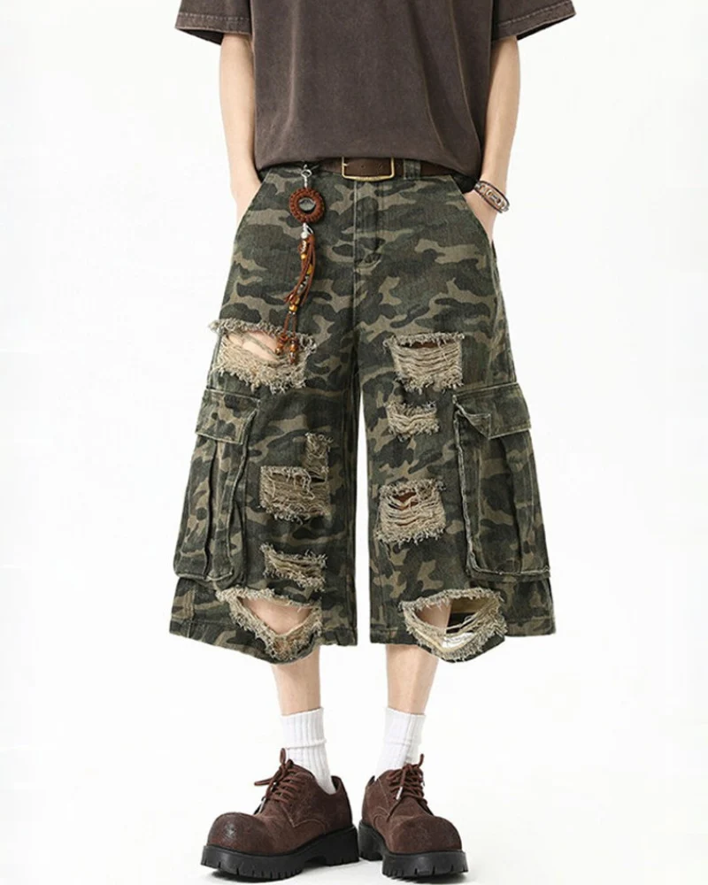 High Street Men's Denim Look Distressed Camo Cargo Shorts