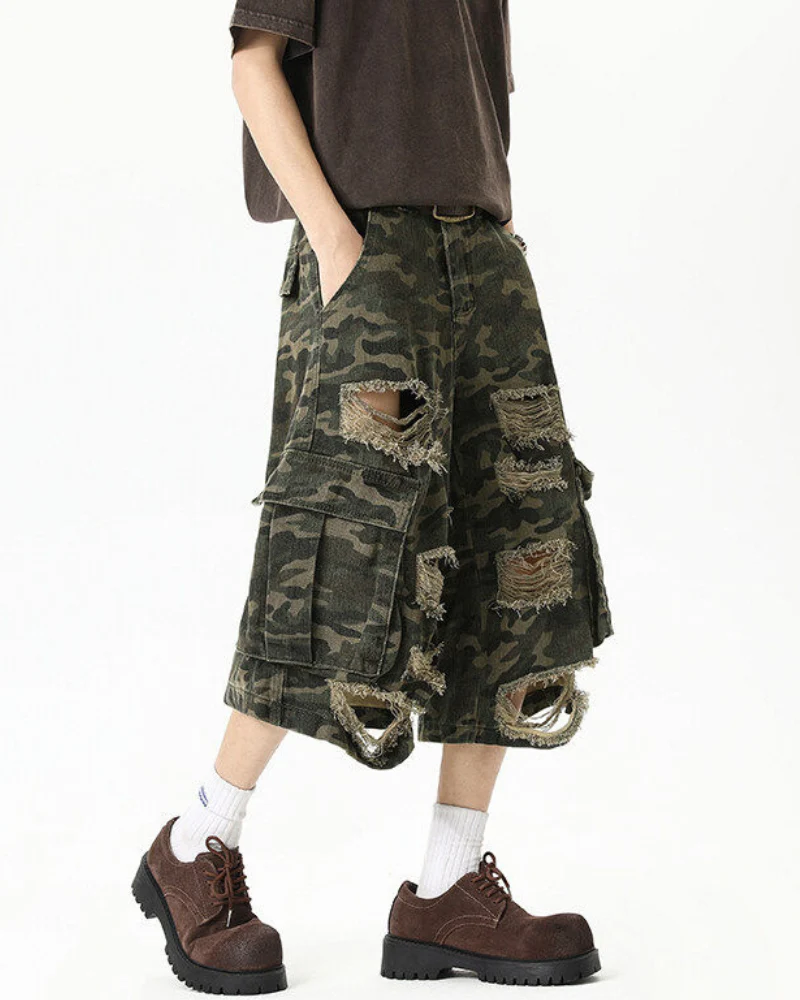 High Street Men's Denim Look Distressed Camo Cargo Shorts