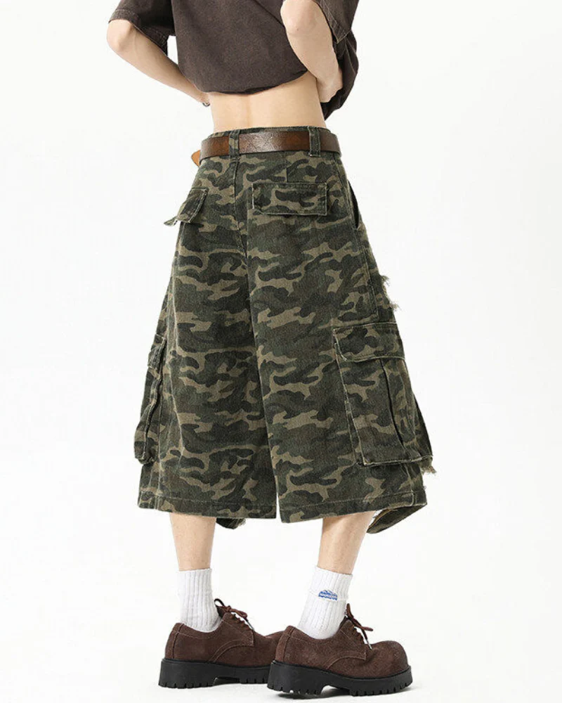 High Street Men's Denim Look Distressed Camo Cargo Shorts