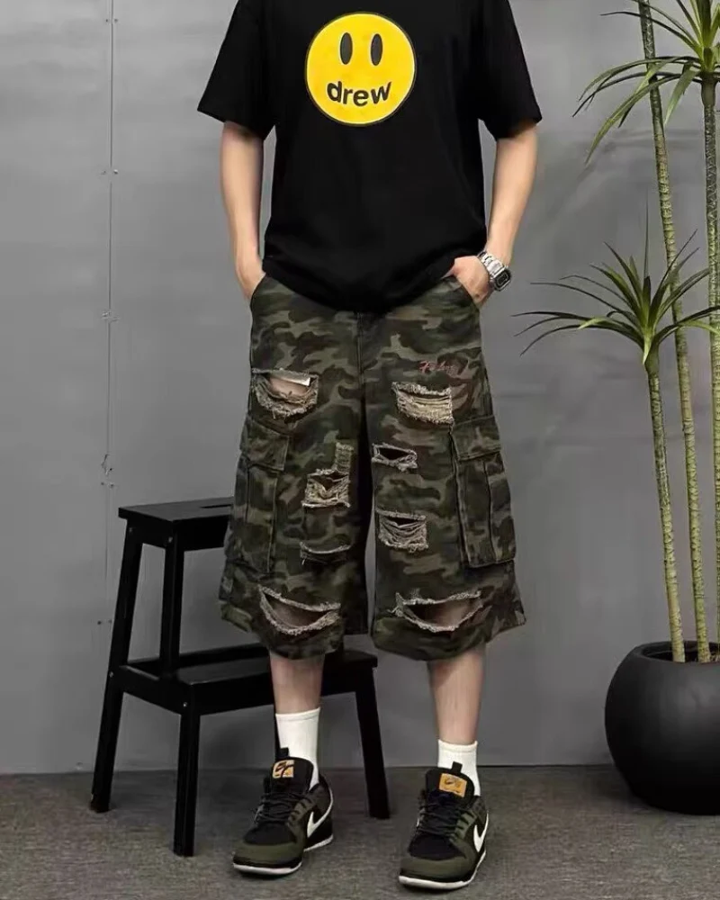 High Street Men's Denim Look Distressed Camo Cargo Shorts