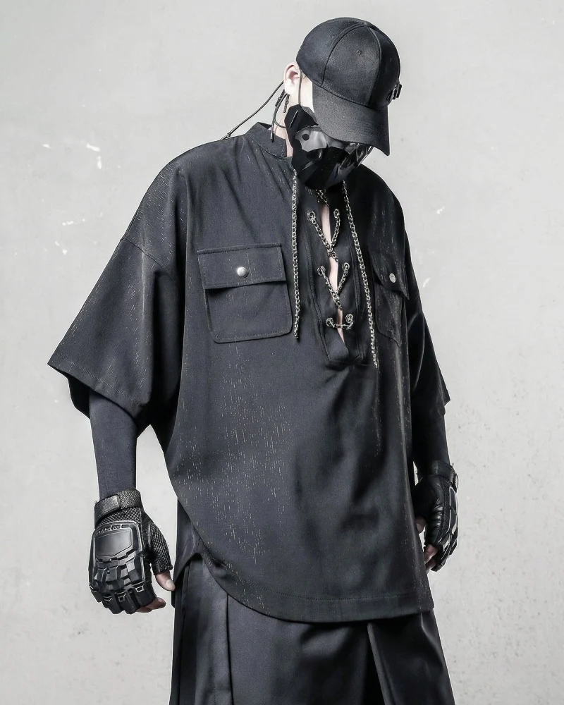 Darkwear Chain Lace-Up Textured Short Sleeve Shirt