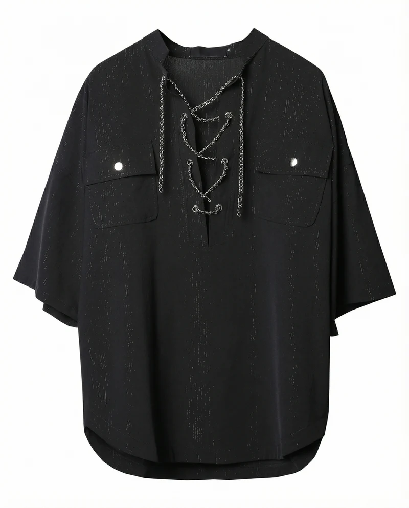 Darkwear Chain Lace-Up Textured Short Sleeve Shirt