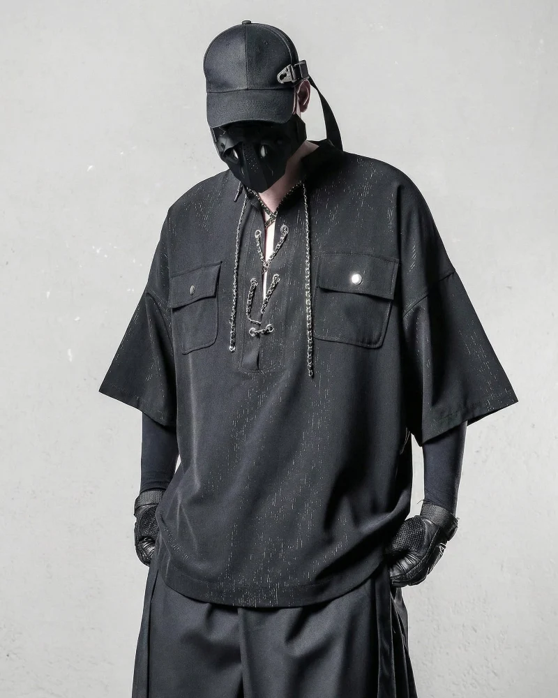 Darkwear Chain Lace-Up Textured Short Sleeve Shirt