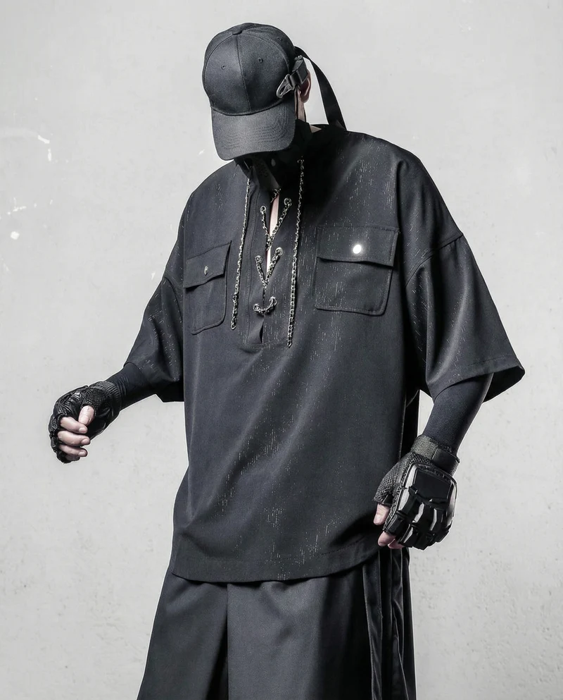 Darkwear Chain Lace-Up Textured Short Sleeve Shirt