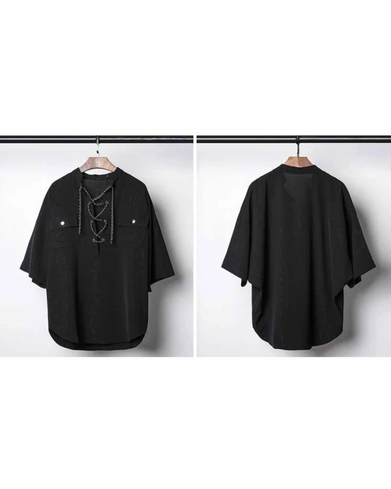 Darkwear Chain Lace-Up Textured Short Sleeve Shirt
