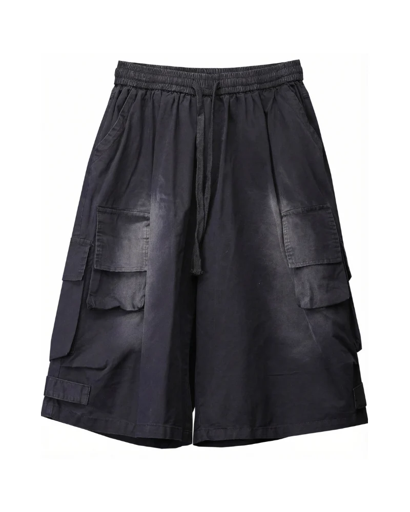 Techwear Distressed Wide-Leg Cargo Shorts
