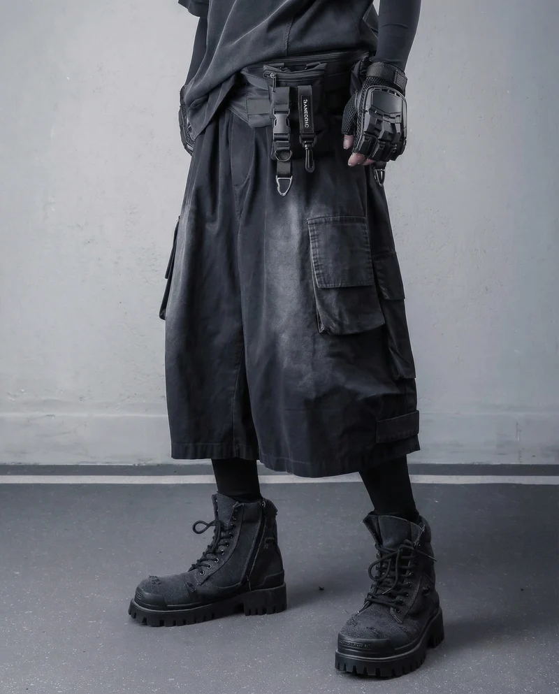 Techwear Distressed Wide-Leg Cargo Shorts