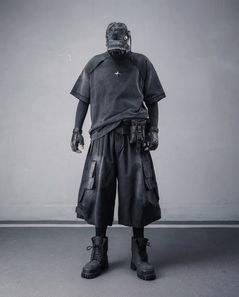 Techwear Distressed Wide-Leg Cargo Shorts