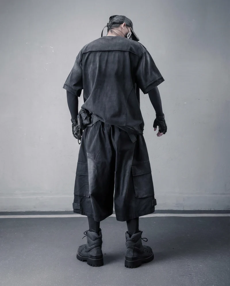 Techwear Distressed Wide-Leg Cargo Shorts