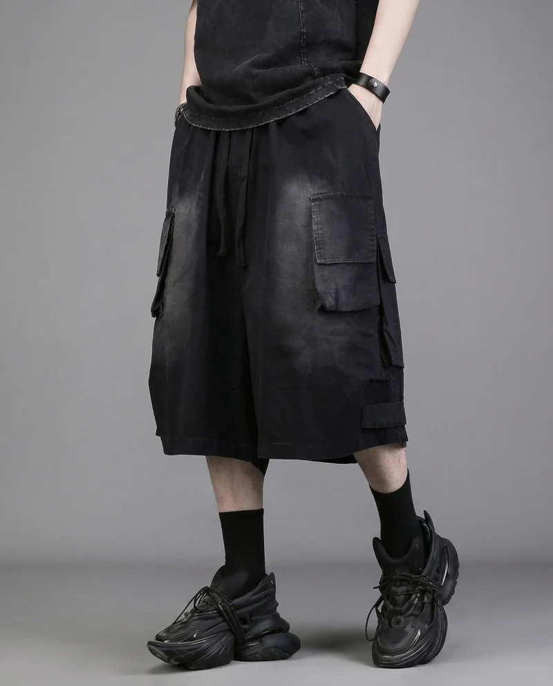Techwear Distressed Wide-Leg Cargo Shorts