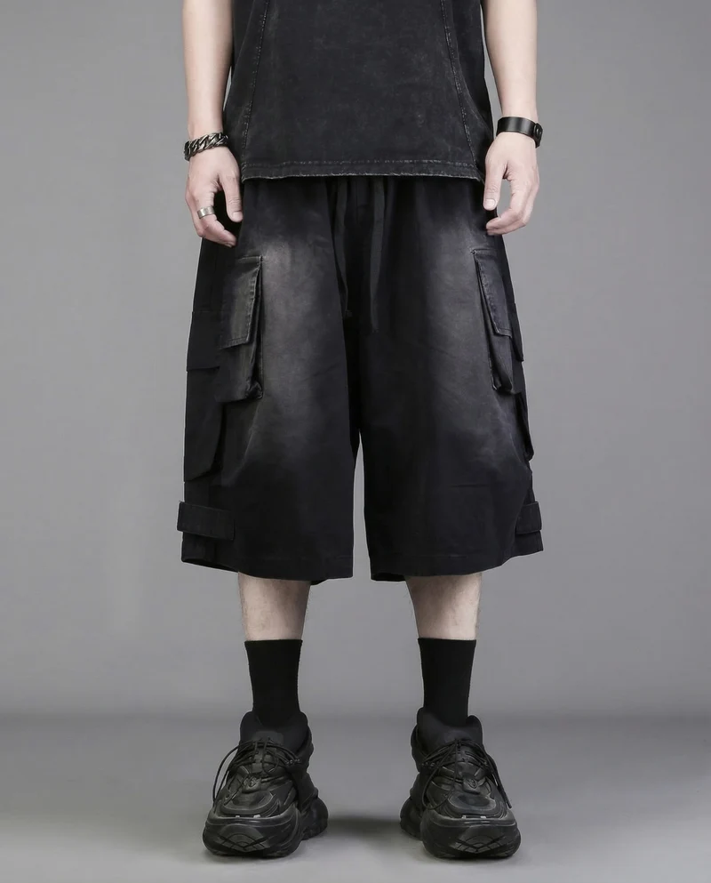 Techwear Distressed Wide-Leg Cargo Shorts