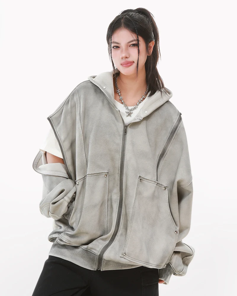 Street Style Washed “Dirty-Dye” Zip-Up Hoodie Jacket