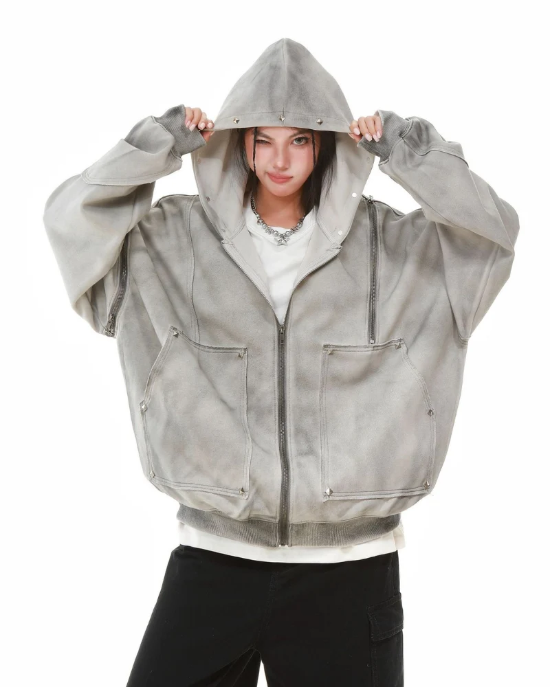 Street Style Washed “Dirty-Dye” Zip-Up Hoodie Jacket