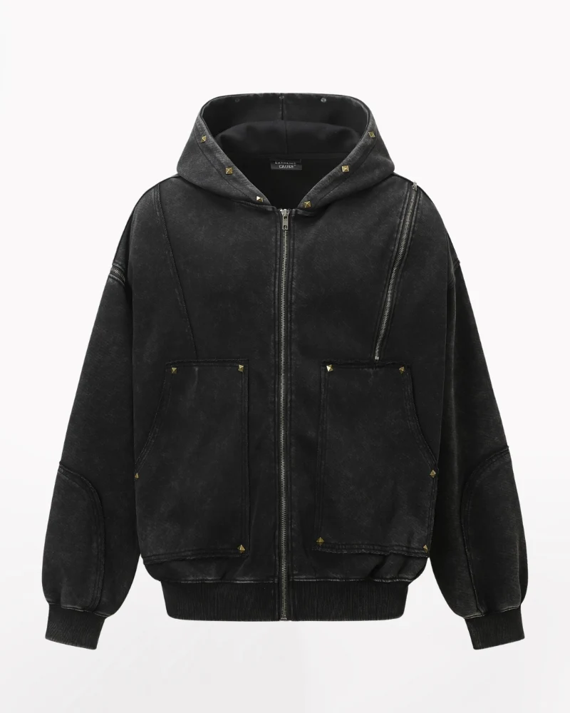 Street Style Washed “Dirty-Dye” Zip-Up Hoodie Jacket
