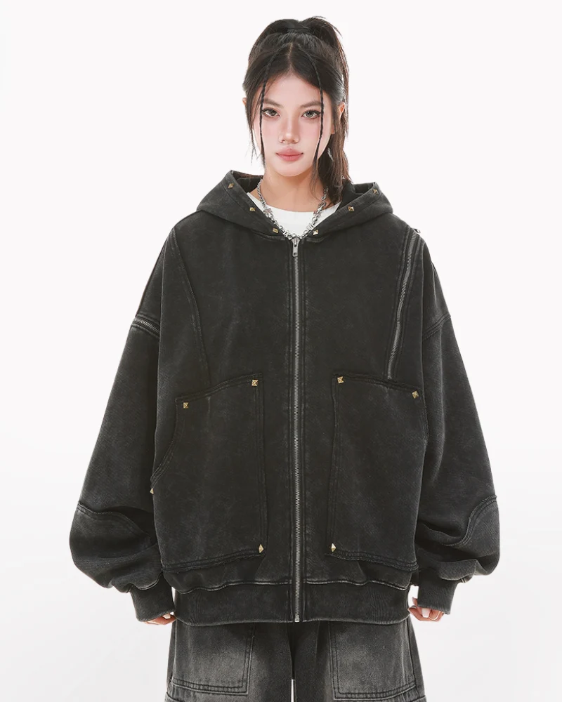 Street Style Washed “Dirty-Dye” Zip-Up Hoodie Jacket