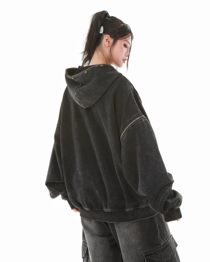 Street Style Washed “Dirty-Dye” Zip-Up Hoodie Jacket