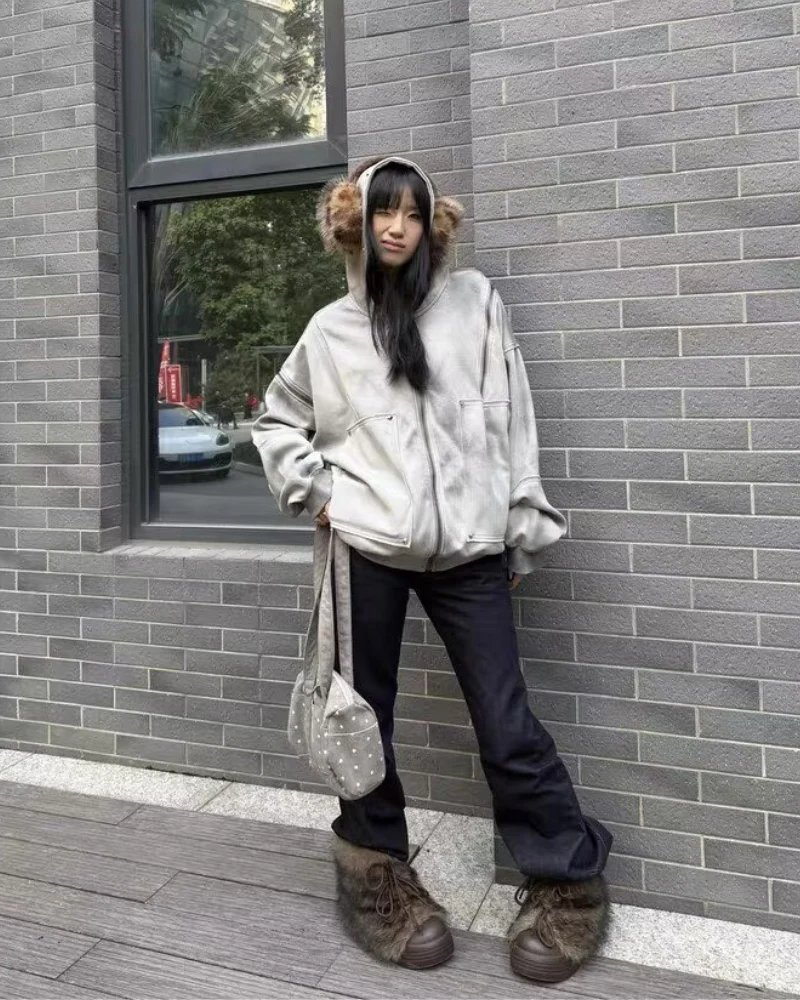 Street Style Washed “Dirty-Dye” Zip-Up Hoodie Jacket