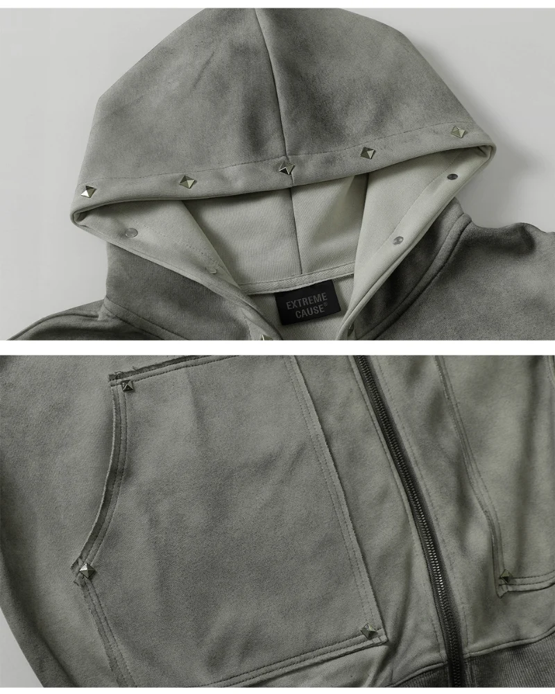 Street Style Washed “Dirty-Dye” Zip-Up Hoodie Jacket